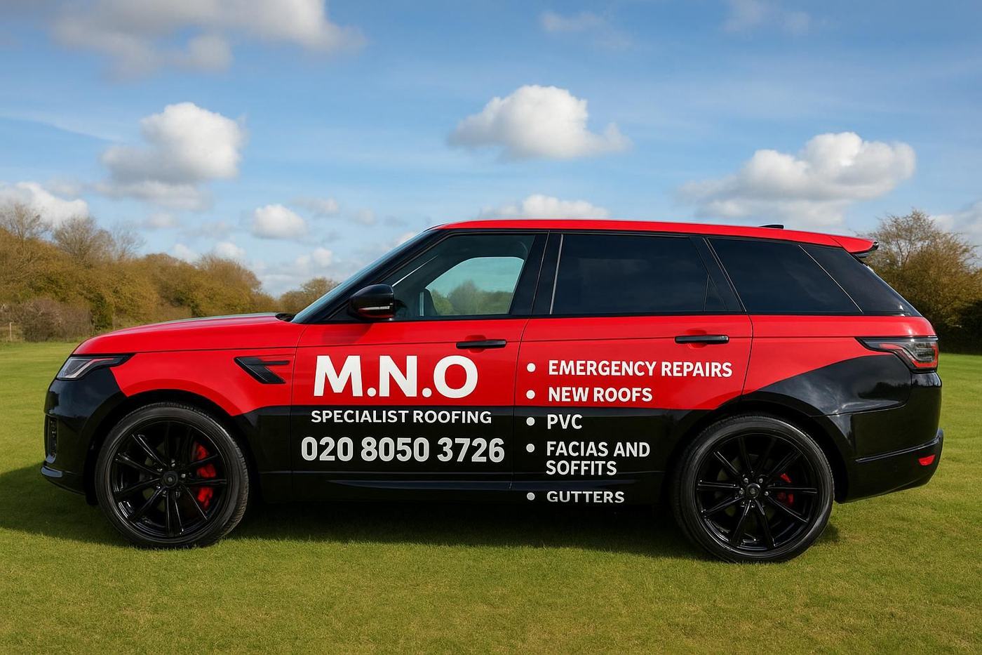 Black and red M.N.O Specialist Roofing vehicle with contact details