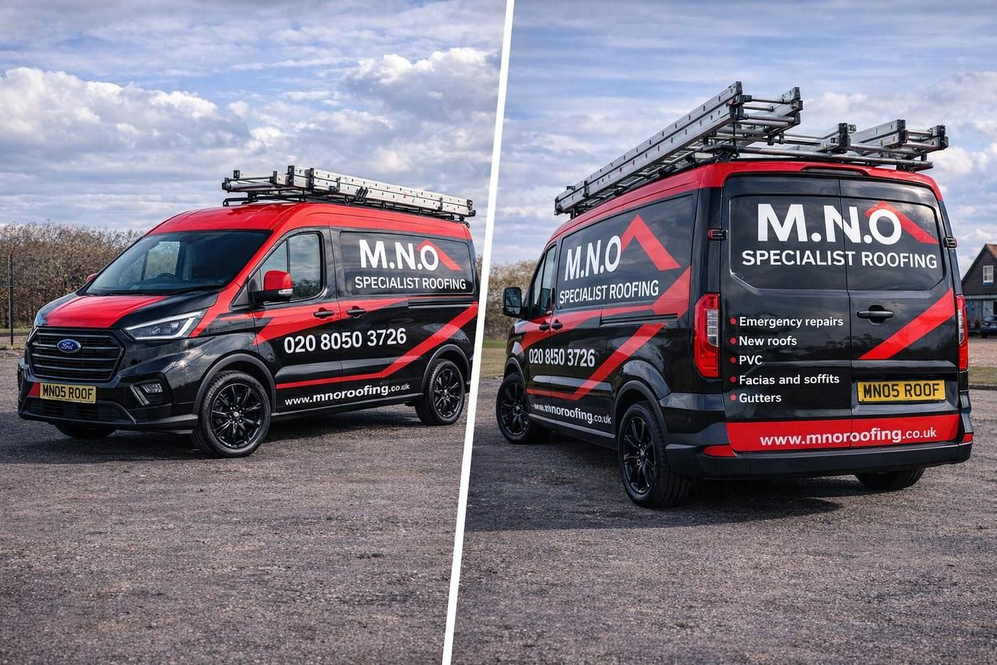 Two black and red M.N.O Specialist Roofing vans with ladders on the roof racks